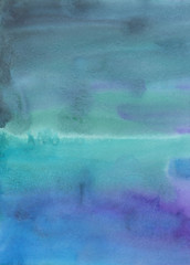 Watercolor violet and green background painting, brush strokes on paper. Liquid watercolour stains backdrop..