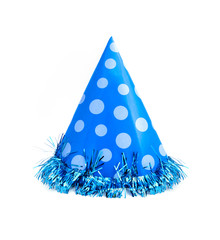 Blue party cap made of paper, isolated on white background. Holiday cup, carnival accessory with tinsel.