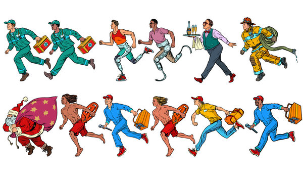 A set of collection business services. Rescue repairman Santa firefighter athlete disabled courier