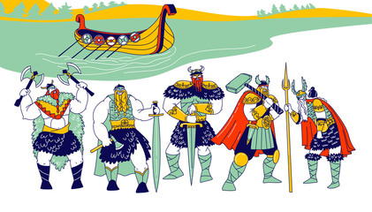 Fototapeta premium Vikings Male Characters Wearing Skins, Helmets with Horns and Holding Armor Swords and Axes Stand in Row on Sea or River Coastline with Rook Floating on Water. Linear People Vector Illustration