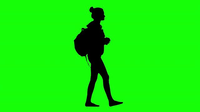 Girl Walking To School With a Backpack Drinking Coffee Green Screen Silhouette