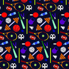 Sport inventory equipment flat pattern seamless endless dark design colorful clear repeat wallpaper background minimalist geometric element group stuff collection even vector illustration 