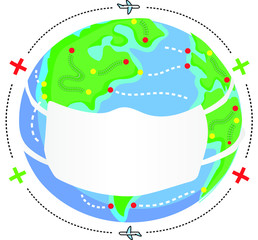 globe face mask planet earth covid-19 corona virus quarantine outbreak pandemic epidemic simple flat plane trajectory flight canceled trains