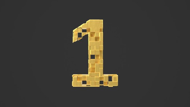Metallic shiny antique numbers with moving golden cubes. Animated 3d font