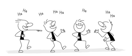 Little men laugh. Vector stickman cartoon character illustration.