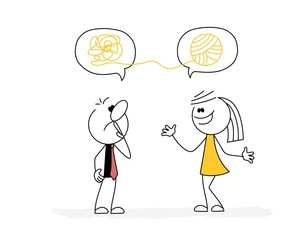 Girl explains to the boy. Mess in the head. Vector stickman cartoon character illustration.