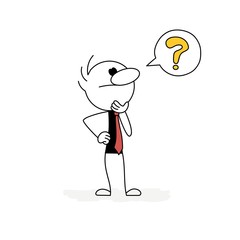 Wondering vector stickman cartoon character with question mark.