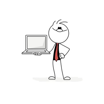 Stickman with laptop vector outline cartoon character illustration.