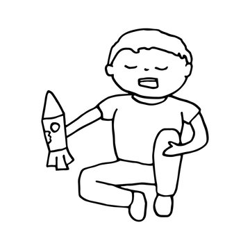 Doodle boy with toy rocket. Hand drawn outline black vector illustration isolated on white background. Funny child playing. Preschool kid making noise.