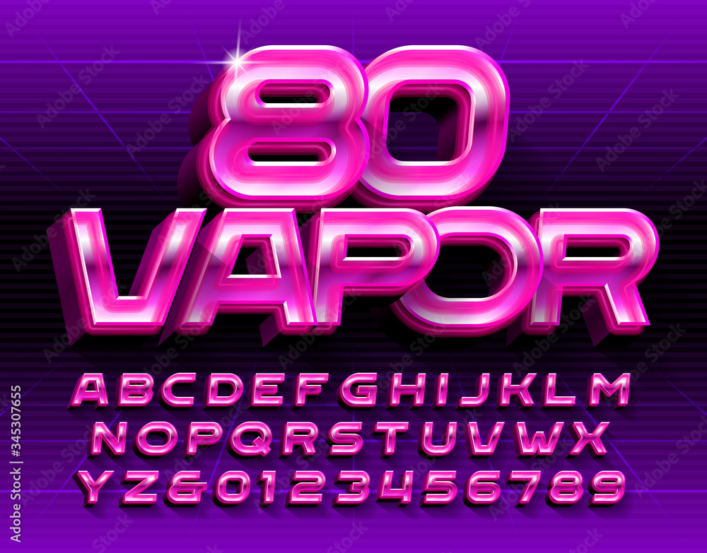Fototapete vapor 80 alphabet font. glowing 3d retro letters and numbers. stock vector typescript in 80s style f