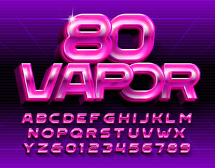Vapor 80 alphabet font. Glowing 3D retro letters and numbers. Stock vector typescript in 80s style for your typography design.