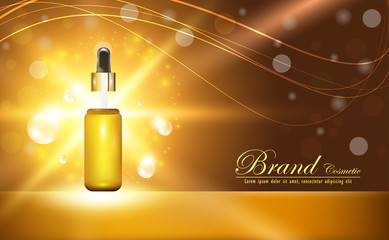 Hyaluronic acid skin solutions ad, Gold collagen serum drop with cosmetic advertising background ready to use, vector illustration