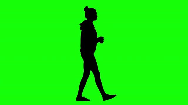 Woman Walking Drinking Coffee Green Screen Silhouette