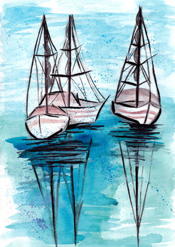 Boat on the sea water. Yacht in sea. Colorful watercolor hand painted lllustration, wallpaper, background with sail boat