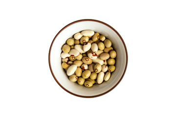 Mixed white, green and black eyed beans in bowl isolated on white background