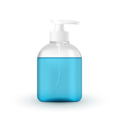 liquid cosmetics tube with pump. Coronavirus hand protection, hand sanitizer 3d realistic container, hand wash gel. alcohol hand wash gel with pump dispenser on white background. Vector