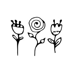 Set of three cute flowers two tulips and a rose. Vector doodle outline illustration isolated on white background. Desing for kinds print, coloring book, poster, card, t shirt, cup, packing desing,logo