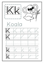 Writing practice letter K, printable worksheet for preschool or kindergarten kids to improve basic writing skills. Funny cartoon koala, illustration for coloring