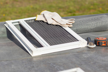 Mosquito nets samples. On open air. The desktop on which the products will be assembled on the...