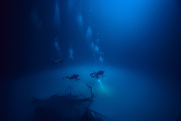 cenote angelita, mexico, cave diving, extreme adventure underwater, landscape under water fog