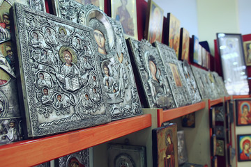 Kalambaka, Greece - September 17, 2019: Orthodox icons in a church shop, church faith concept