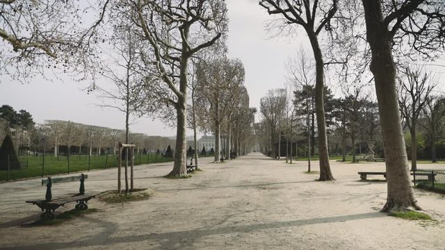Paris, France / 04 13 2020 : Empty park / garden in Paris france, during coronavirus / covid-19 lockdown 4K
