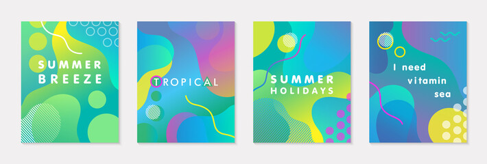 Bundle of modern vector summer posters with bright gradient background,shapes and geometric elements.Trendy abstract design perfect for prints,social media,banners,invitations,branding design,covers