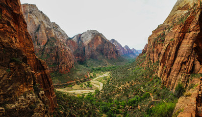 Landscape with valley and steep rocks at Zion National Park from famous viewpoint at Angel's Landing hike, Panorama