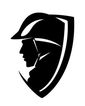 professional fireman wearing helmet - heraldic shield black and white vector design