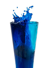 Blue cocktail or water splashes in glass isolated on the white