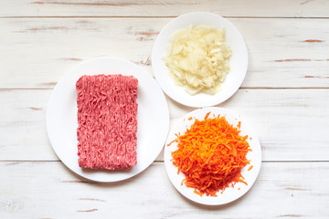 Obraz na płótnie Canvas Raw minced meat, onions, carrots. Ingredients for the recipe.