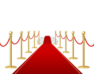 Realistic Detailed 3d Red Carpet, Barrier Rope and Stage. Vector