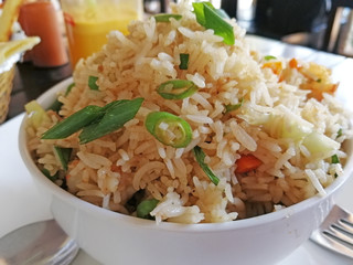 delicious rice with vegetables served in a Cup in an Indian cafe. healthy and delicious food
