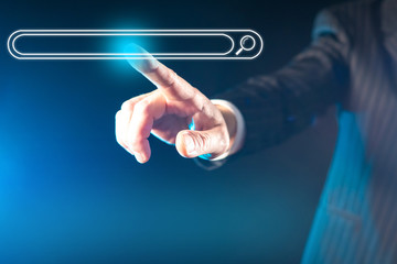 Research for information on the Internet. Use of search engines. Concept - information search services. Man points to a quest symbol. Person clicks on a search bar. Concept - job scan.