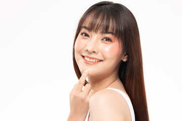 Obraz na płótnie Canvas Beautiful Young Asian Woman Looking While Touching Chin feeling so happy and cheerful with healthy Clean and Fresh skin on white ,Plastic Surgery chin,Beauty Cosmetics and spa facial treatment Concept