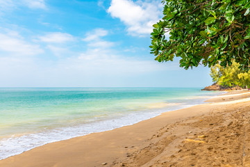 Beautiful summer beach at Koh Lanta island, Thailand. View from shadow of trees and palms growing in sand. Tropical paradise, vacation and relaxation. Turquoise sea, pure water. Vibrant colors.
