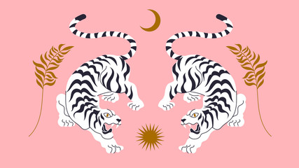 Vector card with chinese tigers in boho asian style. Beautiful animal print design. For fabric, wall art, interior design, social media post, packaging. Floral branch, crescent moon, star, magic. 