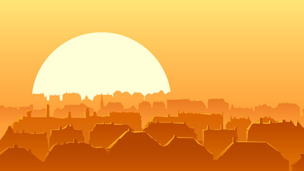 Fototapeta na wymiar Horizontal vector illustration of an old historical part of the European city and a roofs reflecting rays of the setting sun (with place for text).