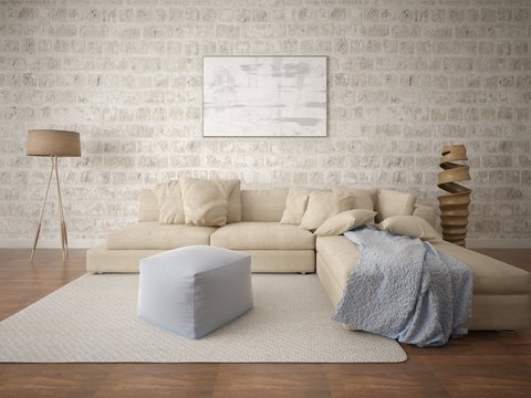 Mock up a perfect living room with a large corner sofa and a perfect hipster backdrop.