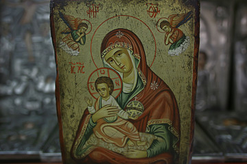 Kalambaka, Greece - September 17, 2019: Orthodox icons in a church shop, church faith concept