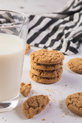 Breakfast with cookies and milk. White background