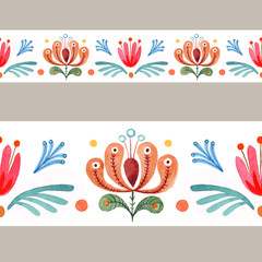 Fototapeta na wymiar Seamless border pattern of watercolor decorative flowers. Multicolored abstract flowers and leaves on a white background. Retro flowers, ethnic style. For paper tape 