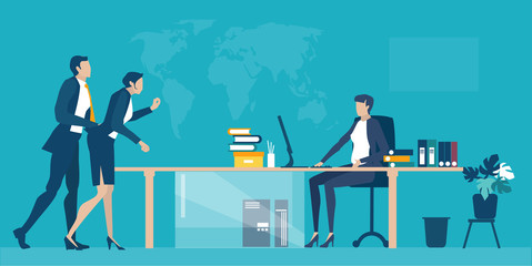 Business people having discussion with the boss, director or CEO. Business communication, stress, finding solution, quick respond on situation concept. 