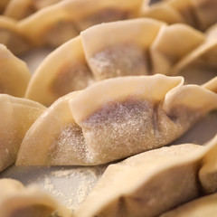 Raw dumplings, traditional Asian cuisine, elastic and thin pasta, filled with shallots (scallions) and other vegetables, can be added to ground meat, or presented as vegetarian food. 