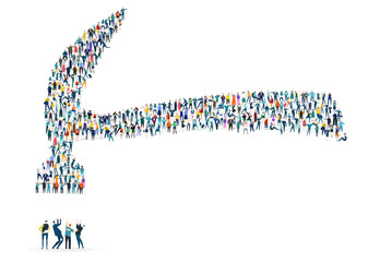 Hammer is ready to smash little people. Symbol made of many little people. Sign and symbol collection 