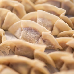 Raw dumplings, traditional Asian cuisine, elastic and thin pasta, filled with shallots (scallions) and other vegetables, can be added to ground meat, or presented as vegetarian food. 