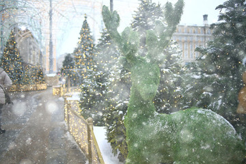 Christmas decoration in Moscow, Christmas trees on the street, snowy December, season new year