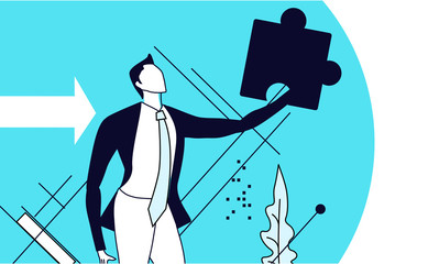 Successful businessman holds puzzle piece up. Mono colour icon