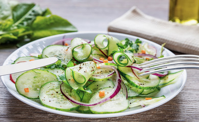 Healthy diet green salad with cucumbers in a white plate, a fork lies on a dish, shallow depth of field, selective focus. Organic food concept.