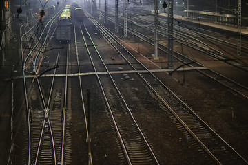 railway tracks night landscape at the railway station fog autumn